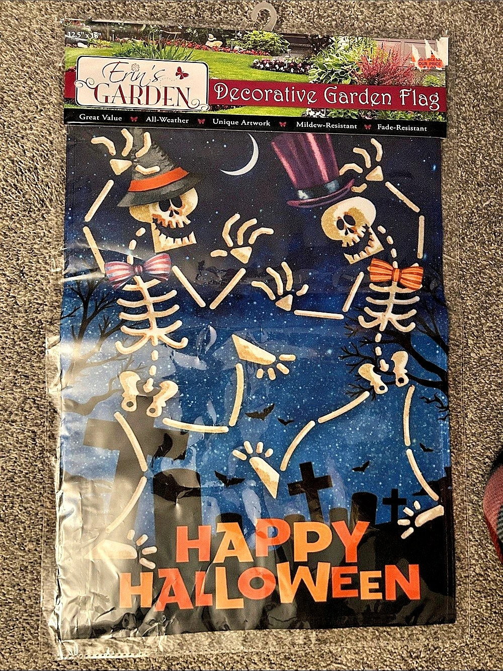 Erin's Garden Happy Halloween Dancing Skeletons Garden Flag